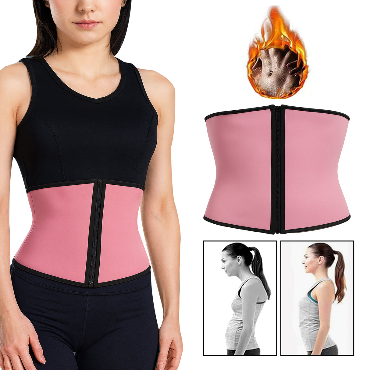 max strength fitness,max strength slimming belt,pink waist trainer with flame graphic and side views on a white background