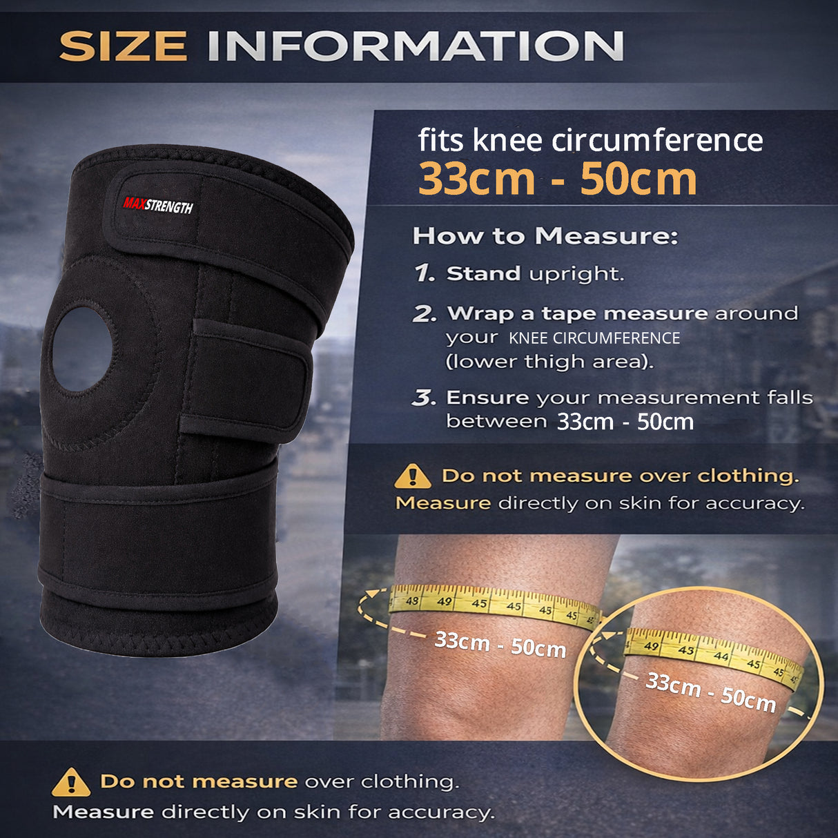 Knee Support with Open-Patella Design for Joint Pain, Sports, Injury Rehabilitation, Adjustable Knee Brace for Men Woman with 3 Straps, for Knee Circumference (33 to 50 cm) b509