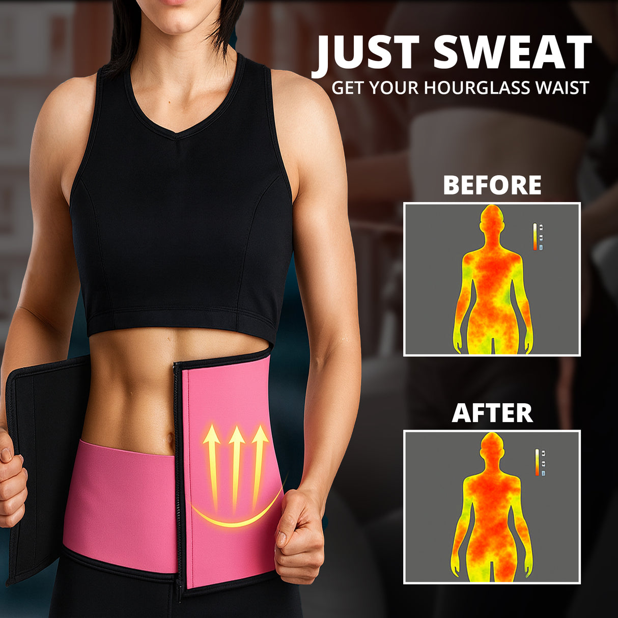 max strength fitness ,maxstrength slimming belt, person wearing a pink waist trainer with 'Just Sweat' text and before-and-after thermal images.