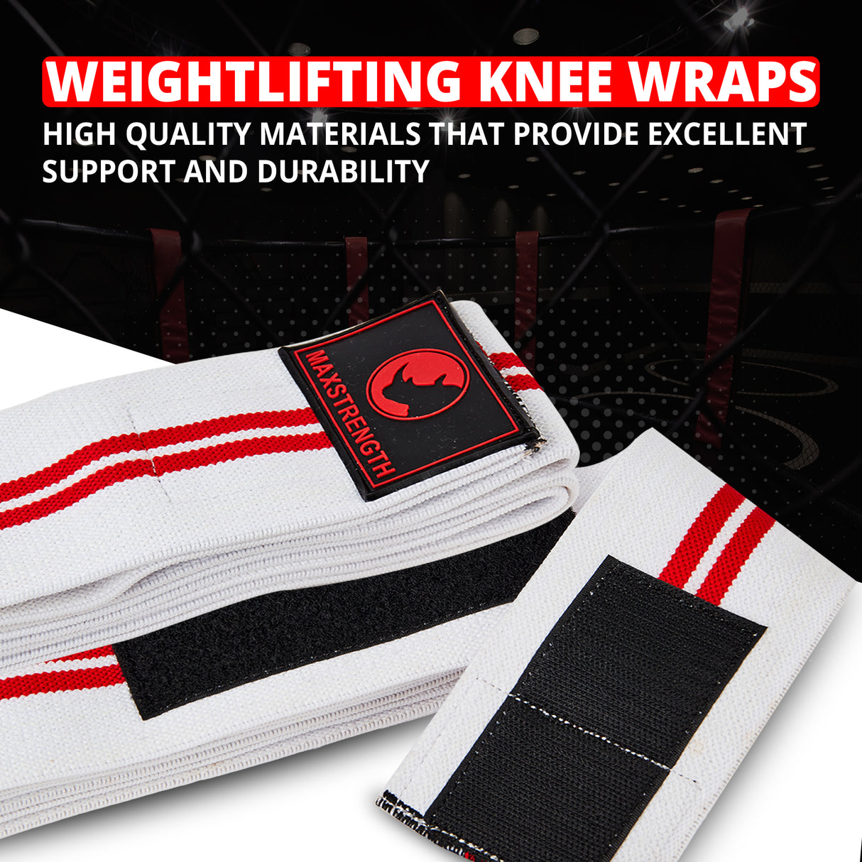 White weightlifting knee wraps with red and black accents and Max Strength logo on a dark background.