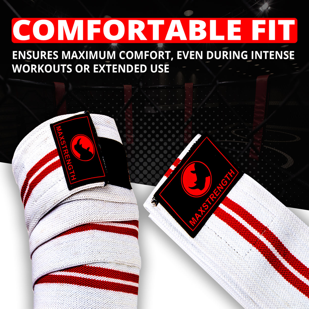 maxstrength fitness accessories, maxstrength boxing equipment
White and red boxing wraps , branding on a black background,