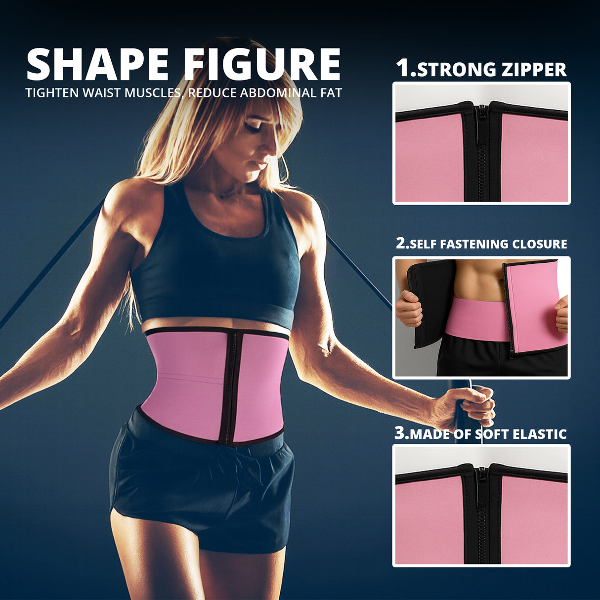 Woman wearing a pink waist trainer with features highlighted on a dark background