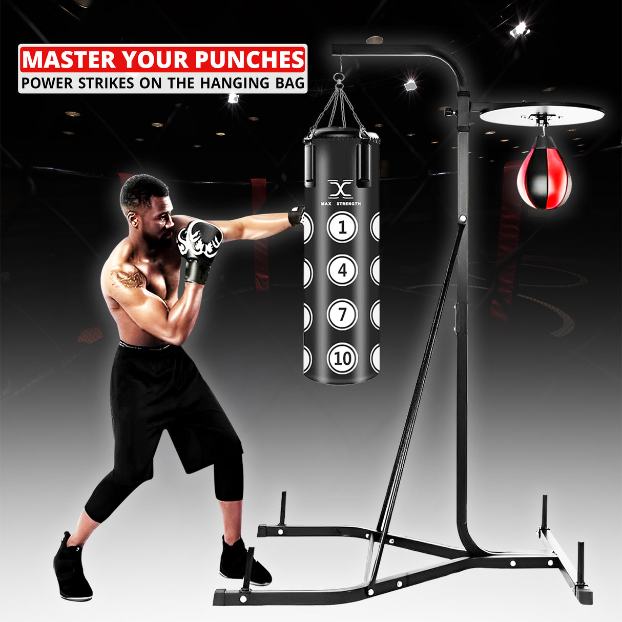 MAXSTRENGTH 2-Way Boxing Training Station | Frame, 4FT, 3FT Punch Bag & Speedball