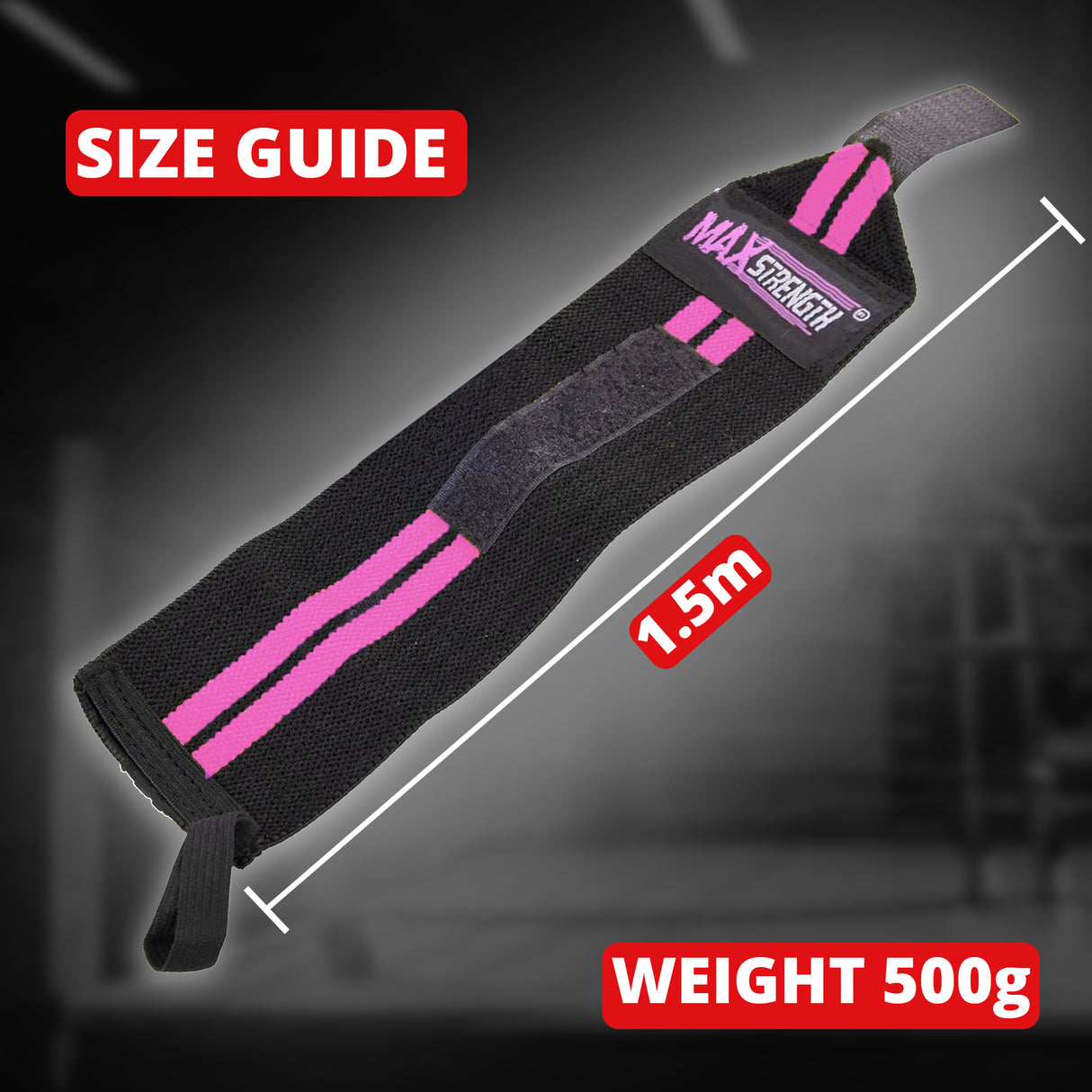 Black and pink wrist wrap with size guide and weight information on a dark background