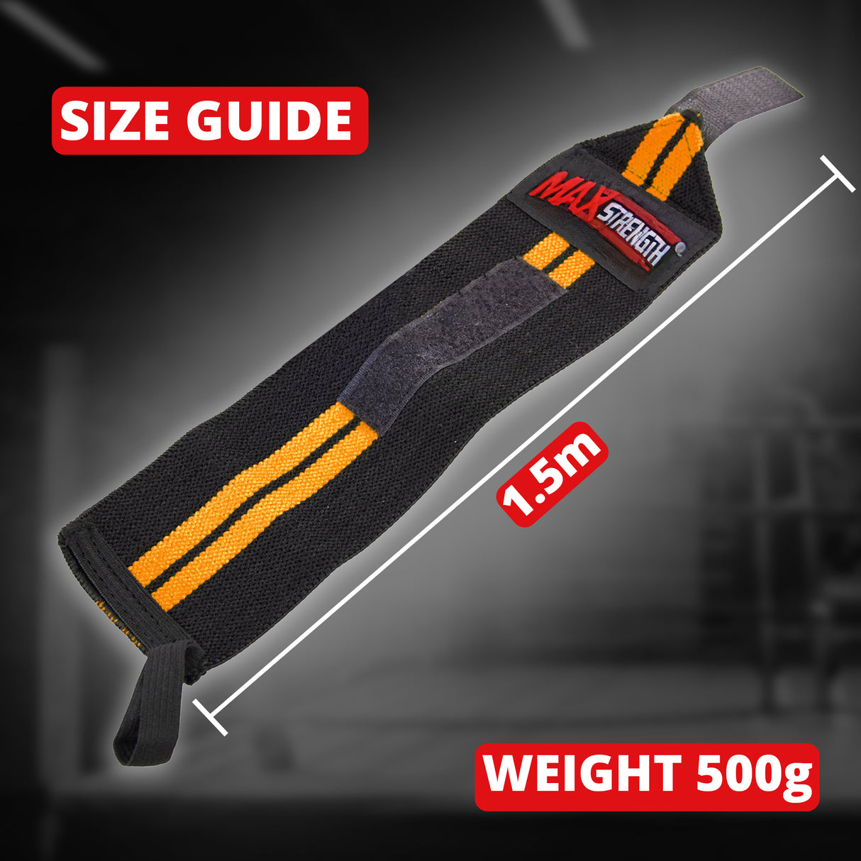 Black and orange wrist wrap with 'Max Strength' branding, size guide, and weight information on a dark background.