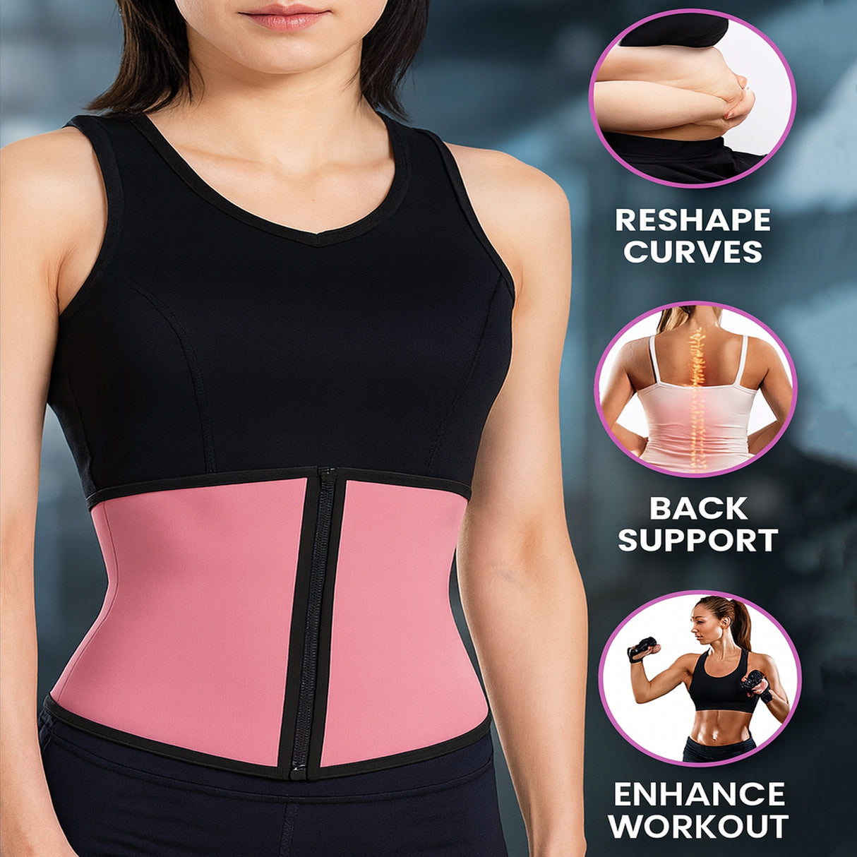Woman wearing a black and pink waist trainer with features highlighted on a dark background