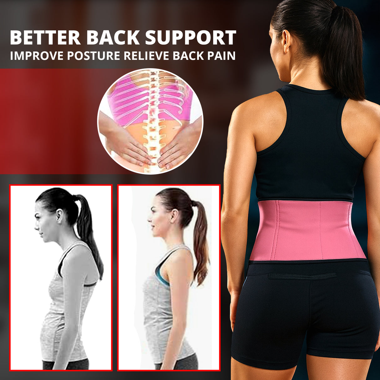 Woman wearing a pink waist trainer with text about better back support and posture correction.