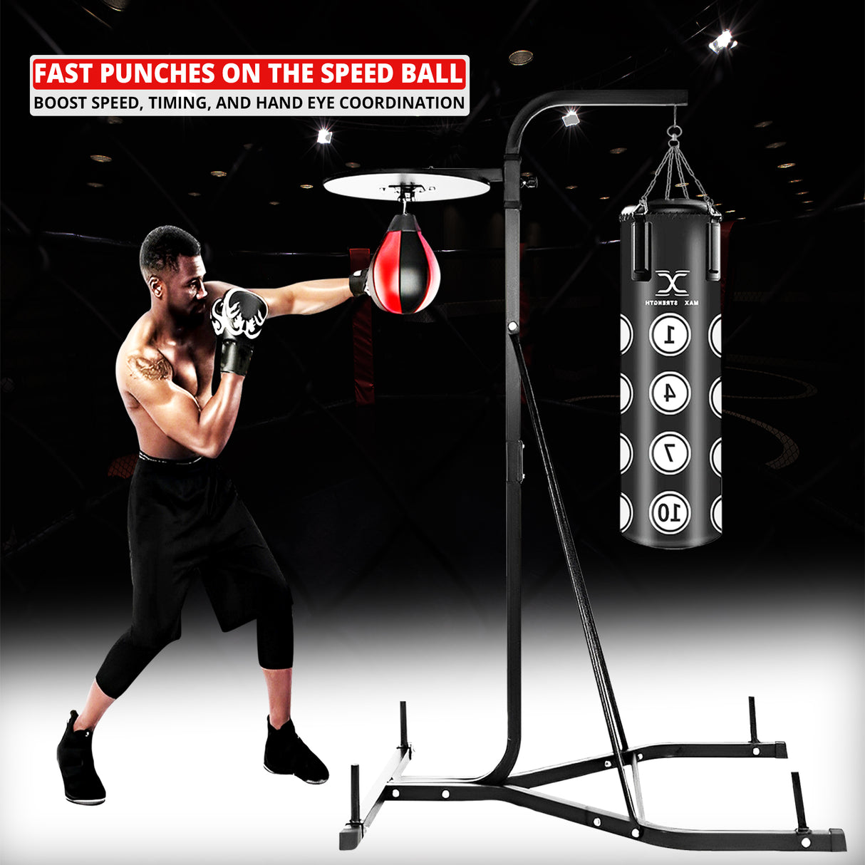 MAXSTRENGTH 2-Way Boxing Training Station | Frame, 4FT, 3FT Punch Bag & Speedball