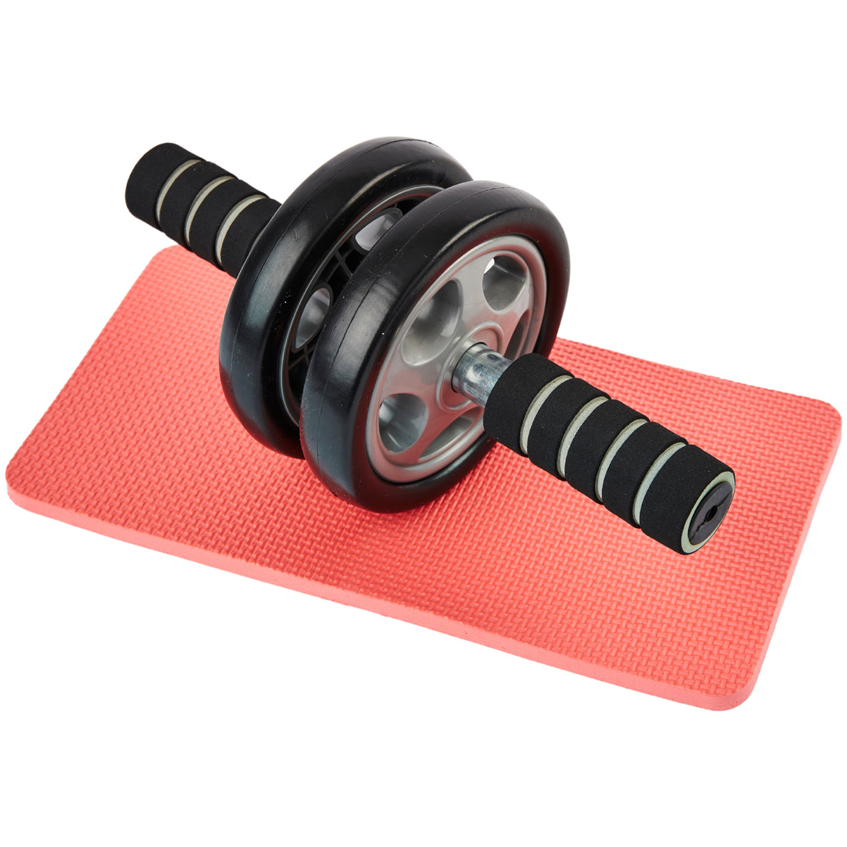 maxstrength fitness,
An ab wheel roller with black foam handles and a gray wheel, placed on a red exercise mat.