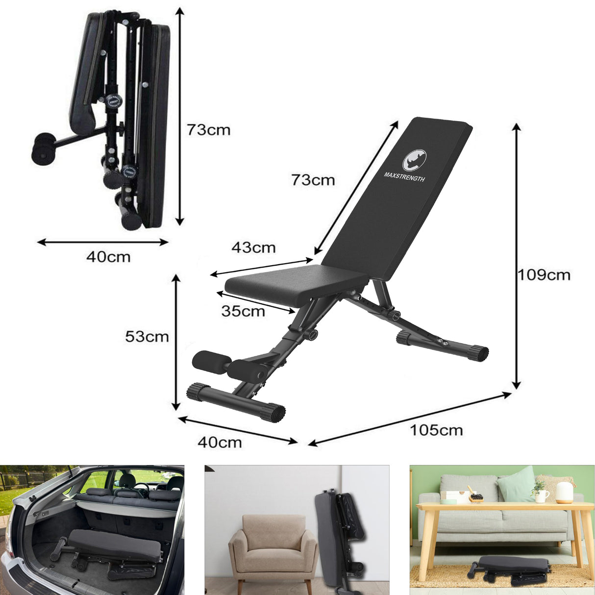 MAXSTRENGTH Adjustable Weight Lifting Bench|Foldable Incline, Flat & Decline Workout Bench