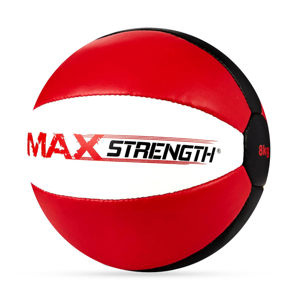 MAXSTRENGTH Leather Medicine Ball for Fitness Training | Weighted Exercise Ball for Core Strength, Balance & Conditioning | Durable Gym Medicine Ball 8kg 10kg 12kg 15kg Red/White