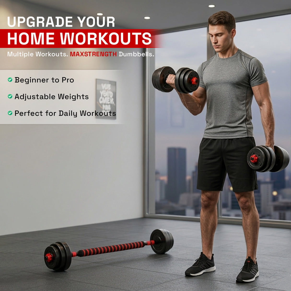 MAXSTRENGTH Adjustable Vinyl Weight Set Dumbbells Barbell Joiner (10–30kg)