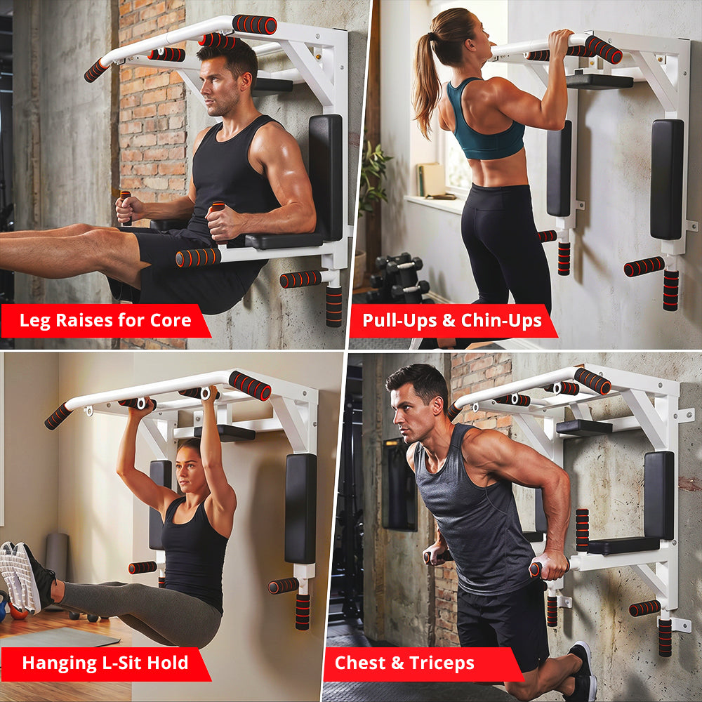 MAXSTRENGTH Wall Mounted Pull Up Bar & Dip Station White