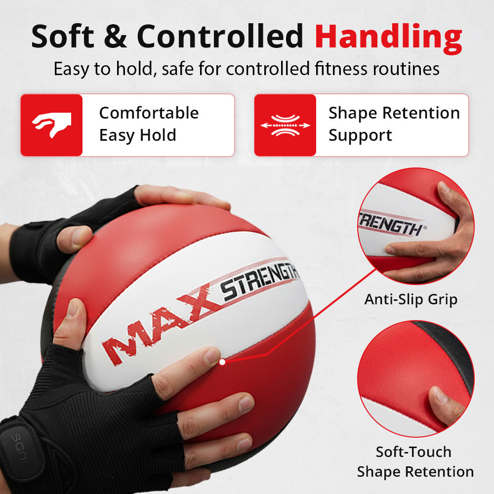 MAXSTRENGTH Leather Medicine Ball for Fitness Training | Weighted Exercise Ball for Core Strength, Balance & Conditioning | Durable Gym Medicine Ball 8kg 10kg 12kg 15kg Red/White