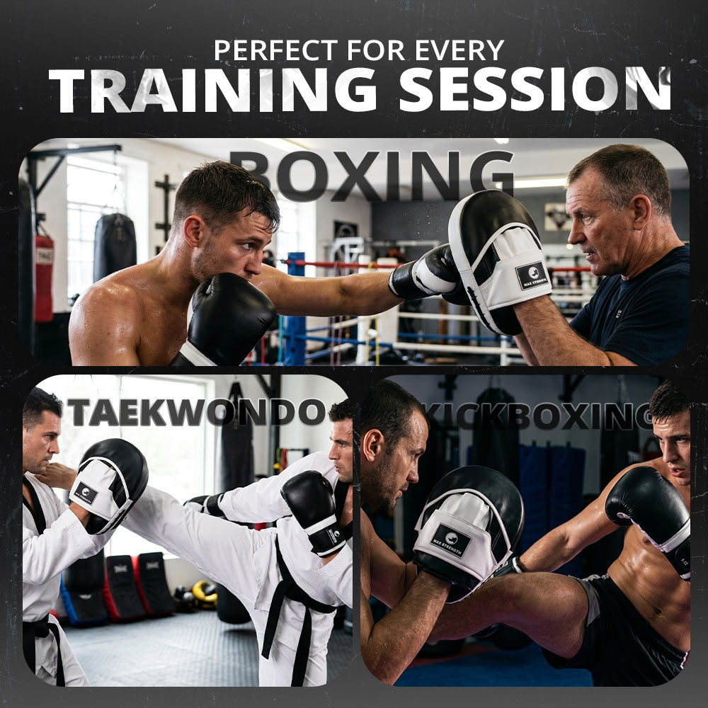 MAXSTRENGTH Boxing Gloves & Focus Pads Set – Curved Hook & Jab Mitts for Boxing, MMA, Muay Thai & Kickboxing Training