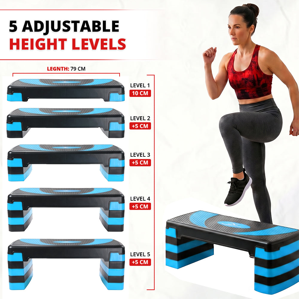 MAXSTRENGTH Adjustable Aerobic Stepper –5 Level Fitness Step (Blue/Black)