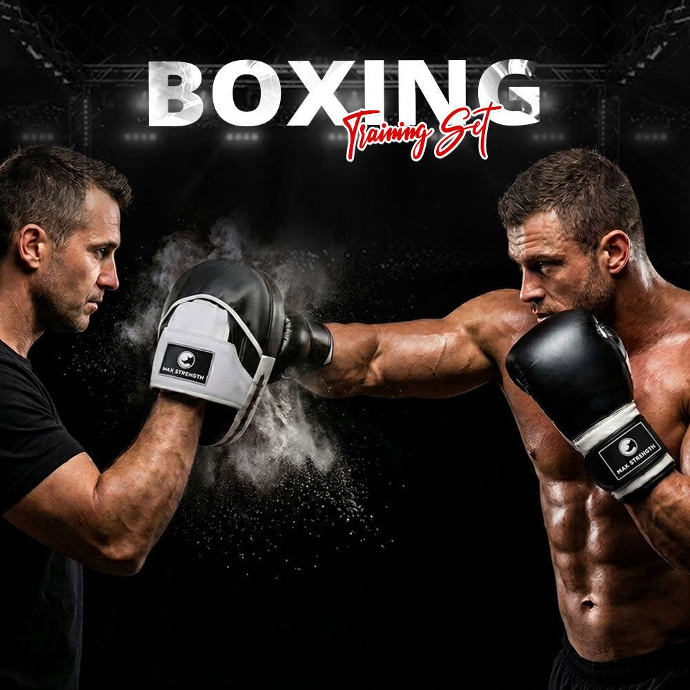 MAXSTRENGTH Boxing Gloves & Focus Pads Set – Curved Hook & Jab Mitts for Boxing, MMA, Muay Thai & Kickboxing Training