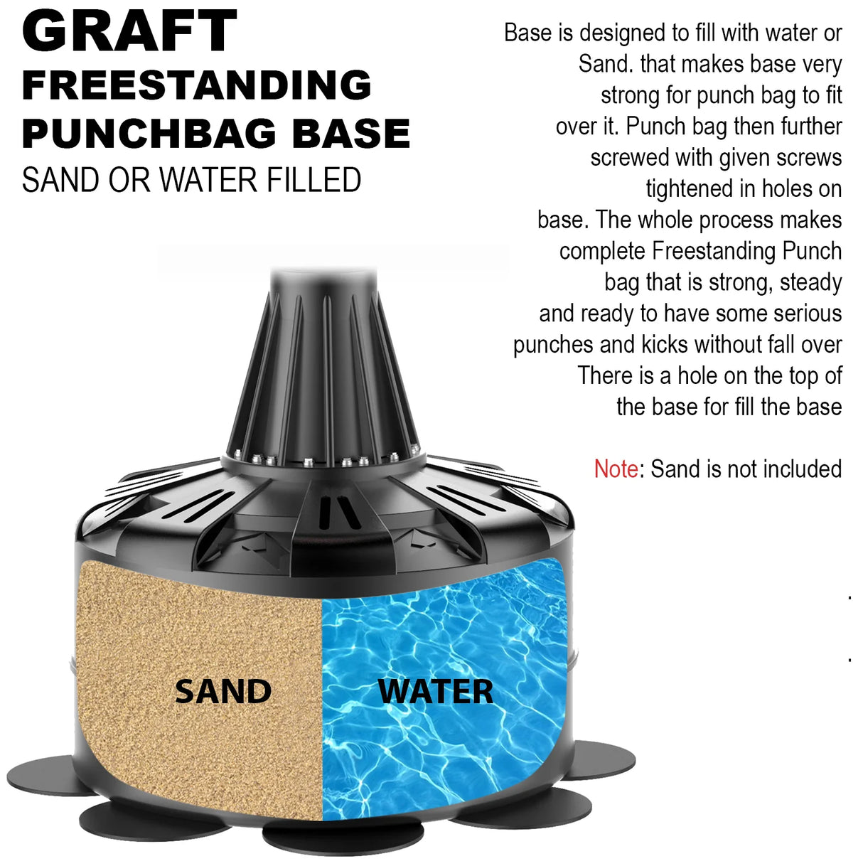 Freestanding punch bag base with sand and water compartments on a white background