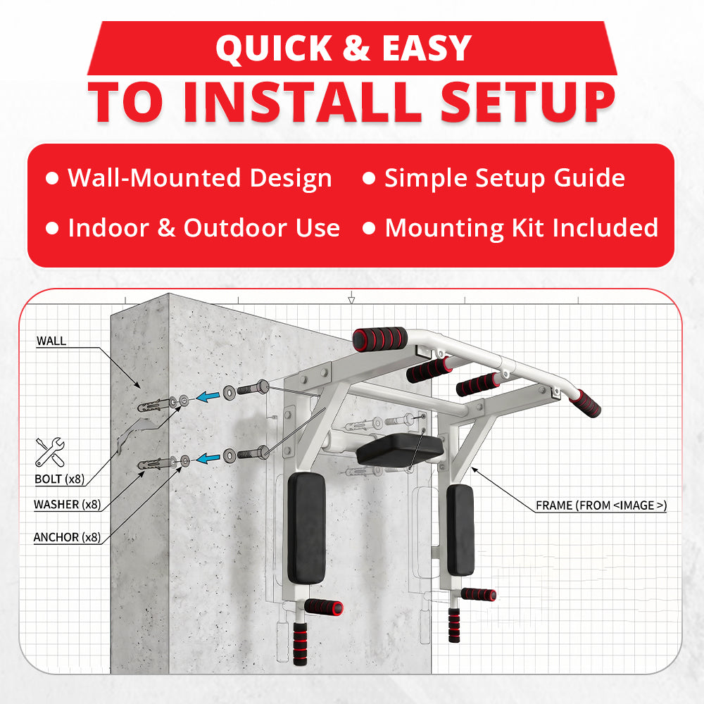 MAXSTRENGTH Wall Mounted Pull Up Bar & Dip Station White
