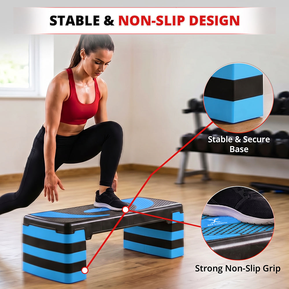 MAXSTRENGTH Adjustable Aerobic Stepper –5 Level Fitness Step (Blue/Black)
