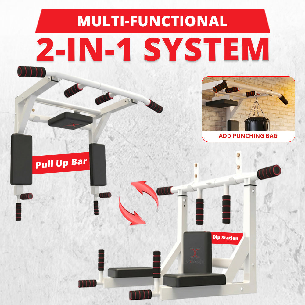 MAXSTRENGTH Wall Mounted Pull Up Bar & Dip Station White