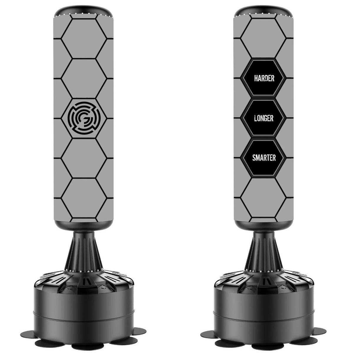 maxstrength fitness,maxstrength free standing punch bag,
Two black and gray punching bags with motivational text on a white background