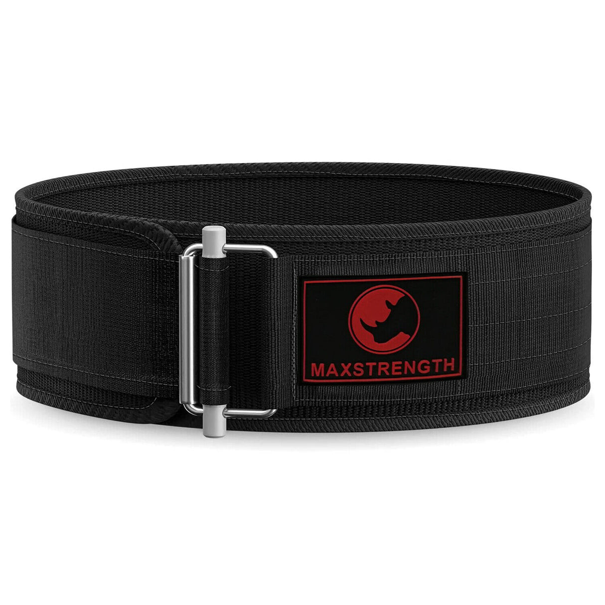 A black weightlifting belt with a self-locking mechanism, featuring the MAXSTRENGTH logo on the strap.