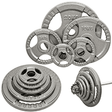 A set of gray iron weight plates with a tri-grip design, suitable for standard Olympic bars.