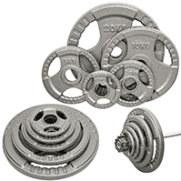A set of gray iron weight plates with a tri-grip design, suitable for standard Olympic bars.