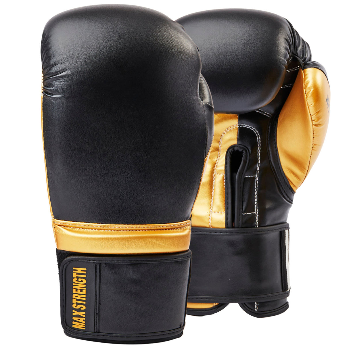 A pair of black and golden yellow boxing gloves with 'MAX STRENGTH' branding on the wrist strap.