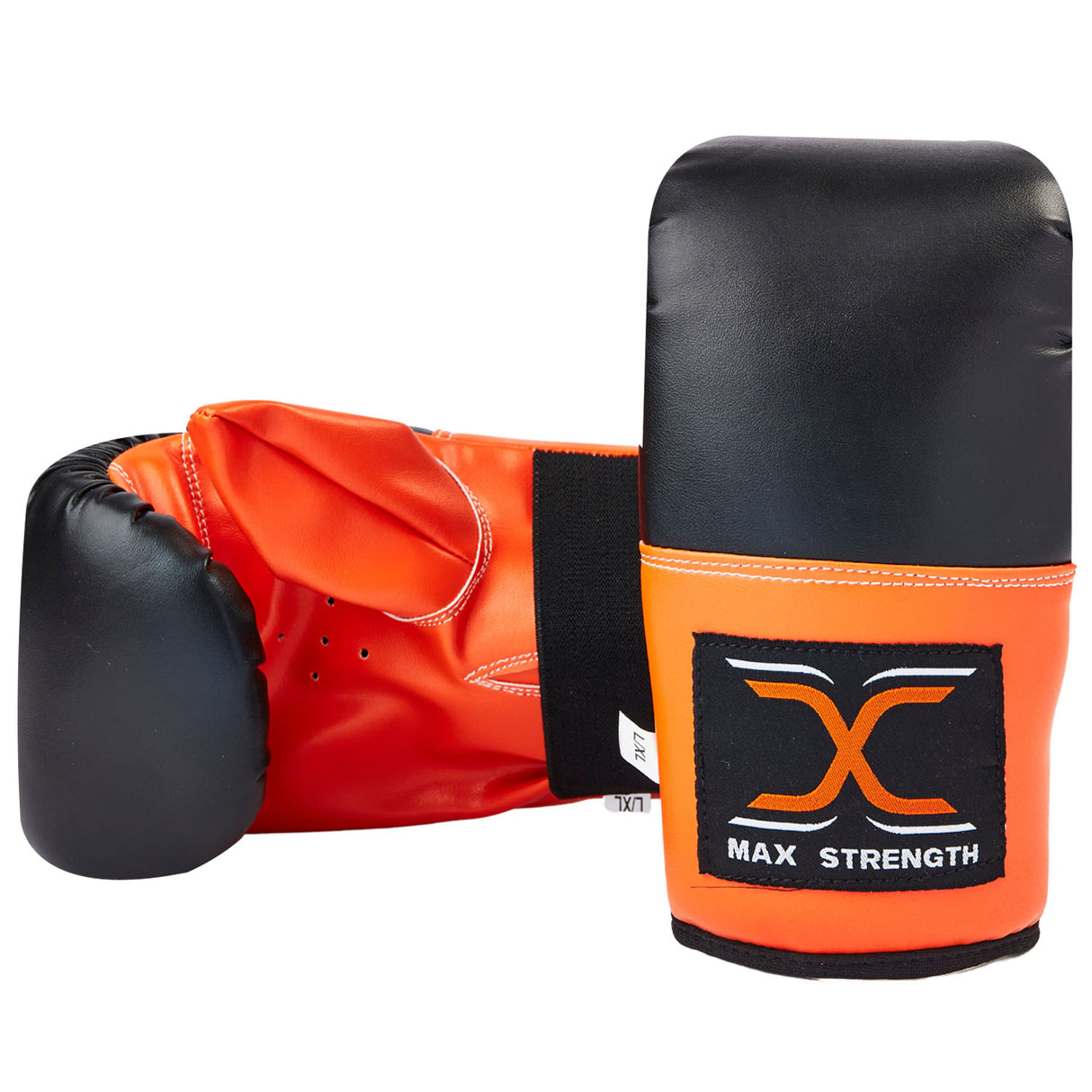A pair of orange and black boxing punch bag mitts with the MAXSTRENGTH logo on the wrist strap.