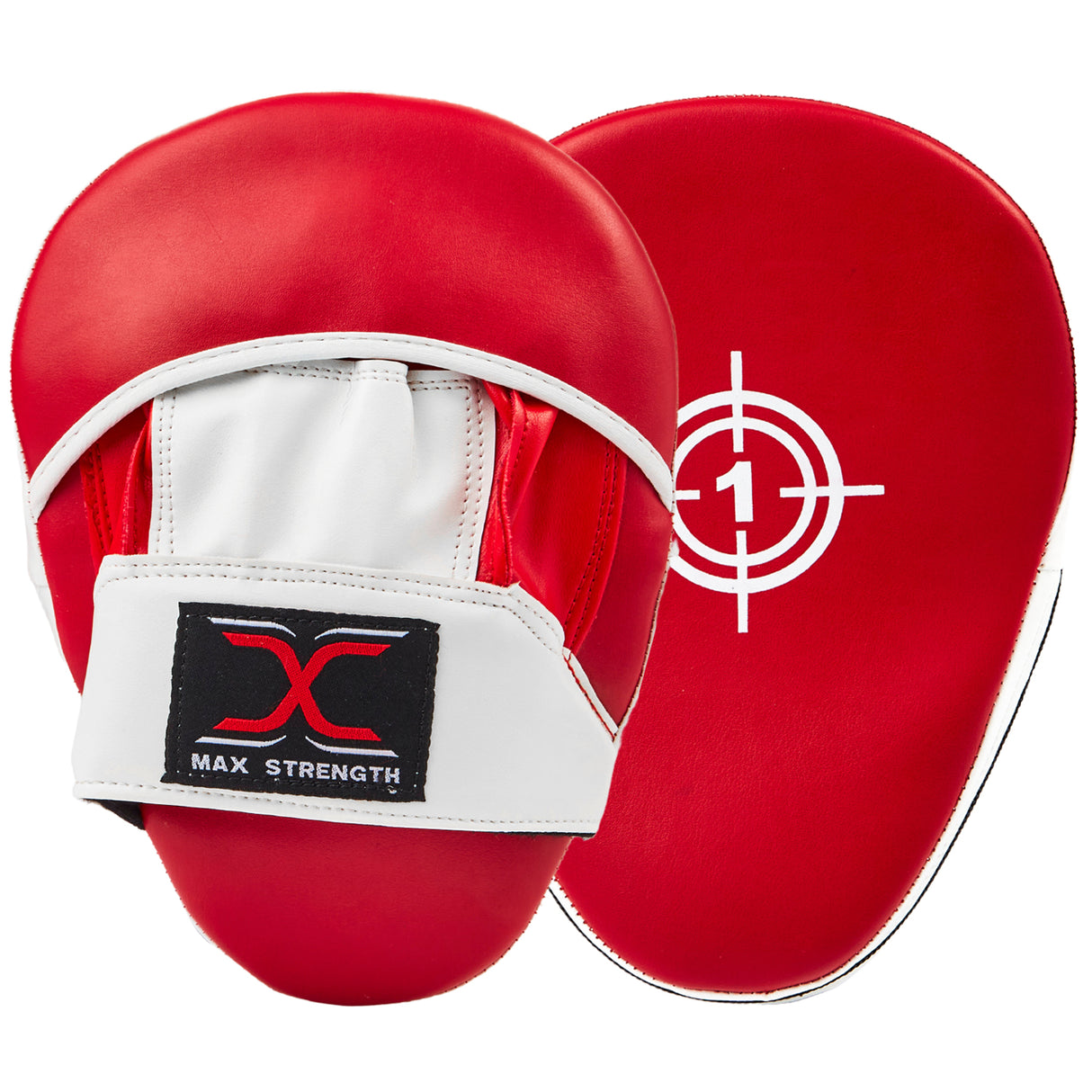 A pair of red and white boxing focus pads with the MAXSTRENGTH logo, designed for training in martial arts and boxing.