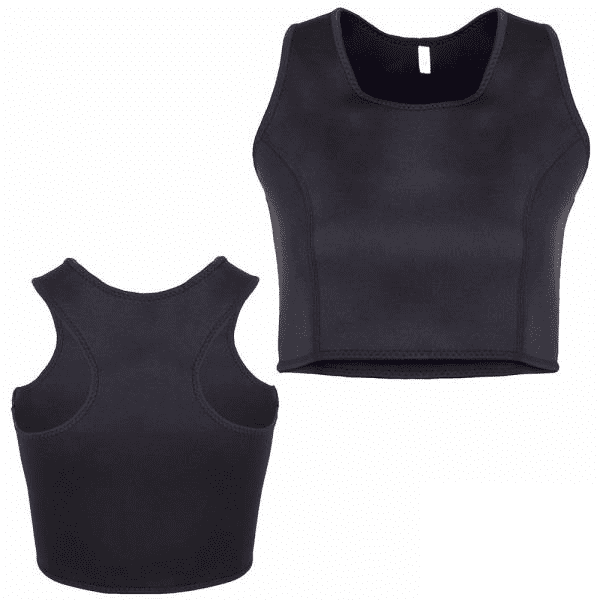 A black compression slimming top bra, viewed from front and back, designed to reduce fat around the breast line.