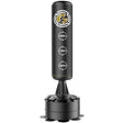 A freestanding black and gold boxing punch bag with a circular base, designed for use in gyms and at home.