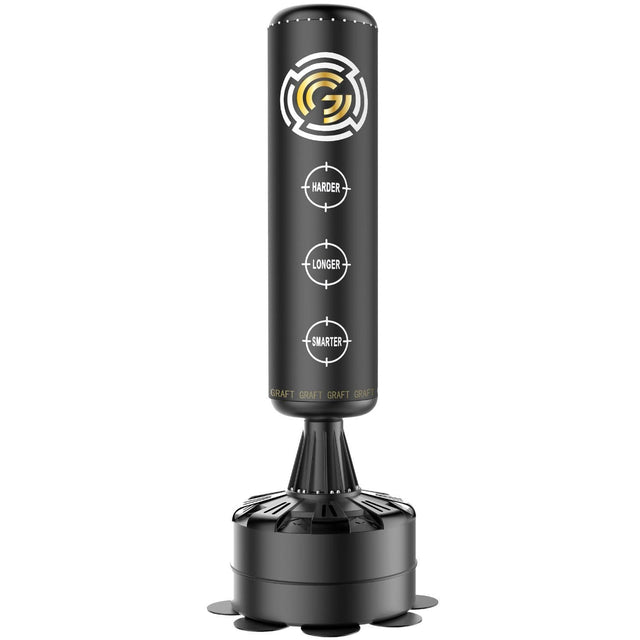A freestanding black and gold boxing punch bag with a circular base, designed for use in gyms and at home.