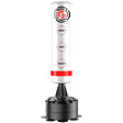 A freestanding white punch bag with a black base, featuring a label with 'MAXSTRENGTH' branding and height indicators.