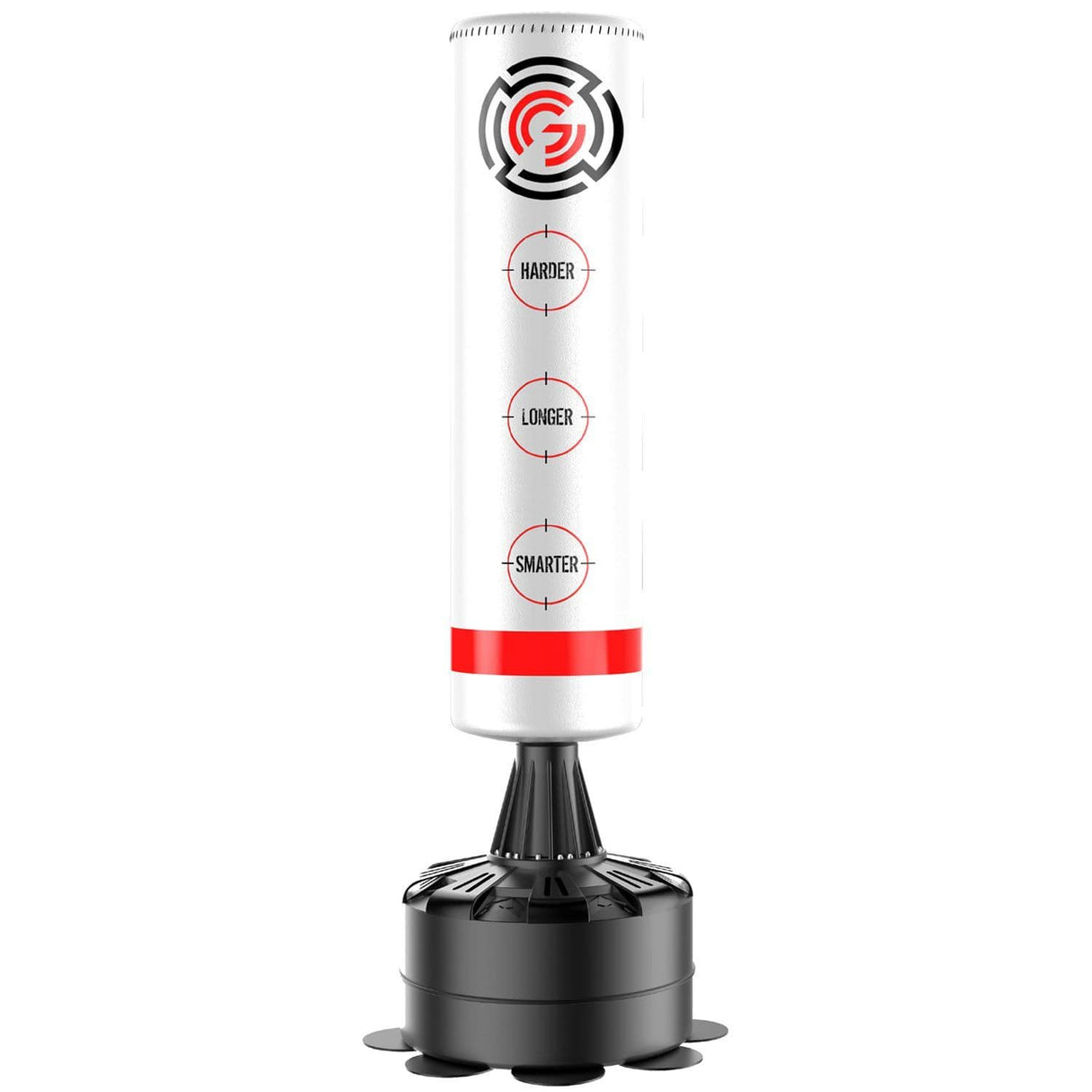 A freestanding white punch bag with a black base, featuring a label with 'MAXSTRENGTH' branding and height indicators.