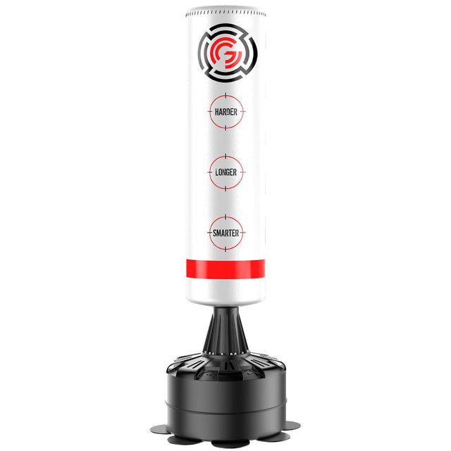 A freestanding white punch bag with a black base, featuring a label with 'MAXSTRENGTH' branding and height indicators.