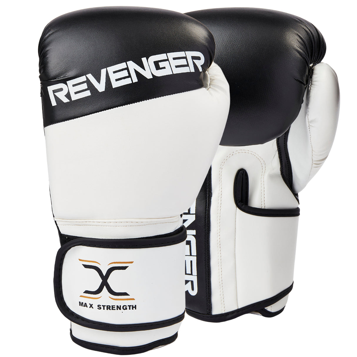 A pair of black and white MAXSTRENGTH boxing sparring gloves with padding and velcro closure.