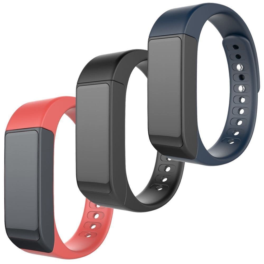 Two smart wristbands, one in black and one in red, displayed in an overlapping fashion showing the touchscreen display and the adjustable strap.