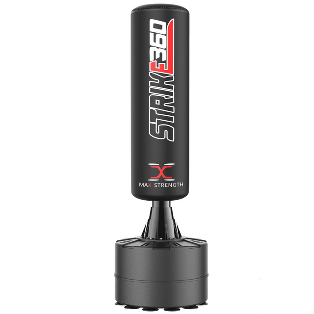 A freestanding black MaxStrength Strike360 boxing punch bag with a circular base.