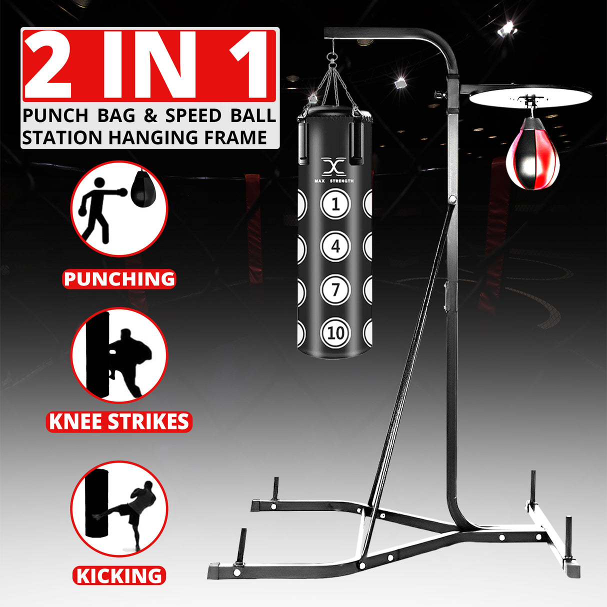MAXSTRENGTH 2-Way Boxing Training Station | Frame, 4FT, 3FT Punch Bag & Speedball