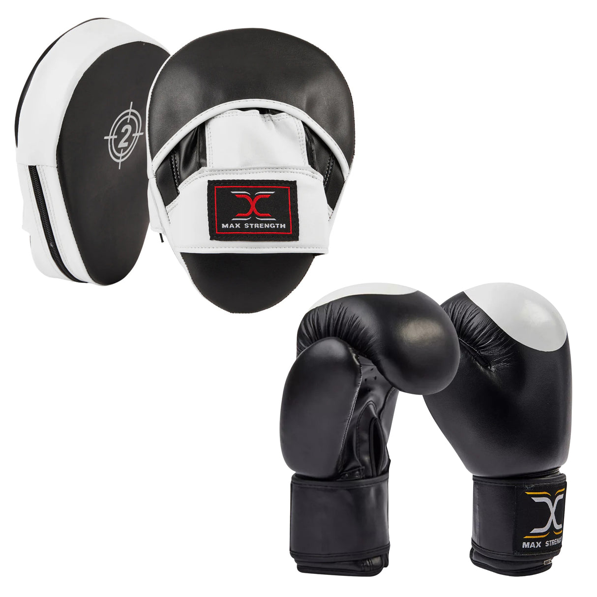MAXSTRENGTH Boxing Gloves + Focus Pads Combo Black/White Training Set