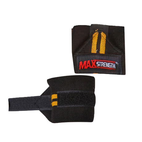 Black wrist wraps with yellow accents and a 'Max Strength' label on a white background