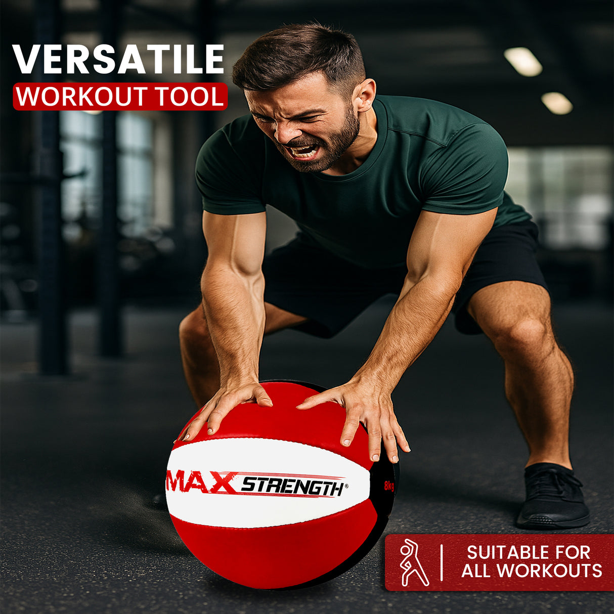 MAXSTRENGTH Leather Medicine Ball for Fitness Training | Weighted Exercise Ball for Core Strength, Balance & Conditioning | Durable Gym Medicine Ball 8kg 10kg 12kg 15kg Red/White