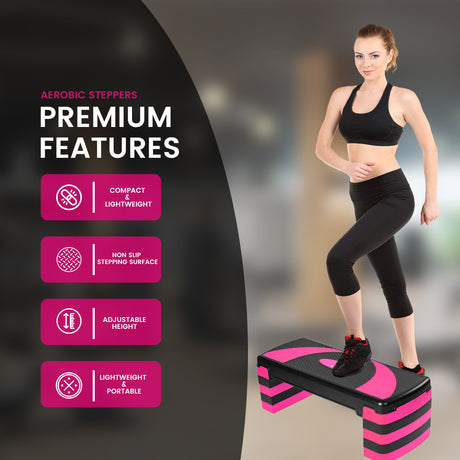 MAXSTRENGTH Adjustable Aerobic Stepper 5 Level Fitness Step (Pink/Black)