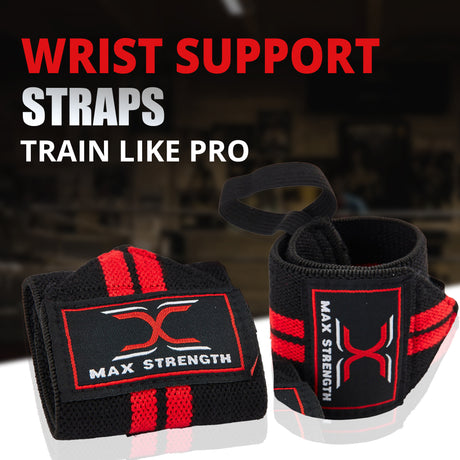  maxstrength fitness accessories, maxstrength boxing equipment,
Black and red wrist support straps with 'Max Strength' branding on a blurred gym background.