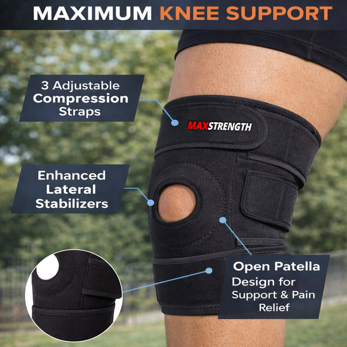 Knee Support with Open-Patella Design for Joint Pain, Sports, Injury Rehabilitation, Adjustable Knee Brace for Men Woman with 3 Straps, for Knee Circumference (33 to 50 cm) b509