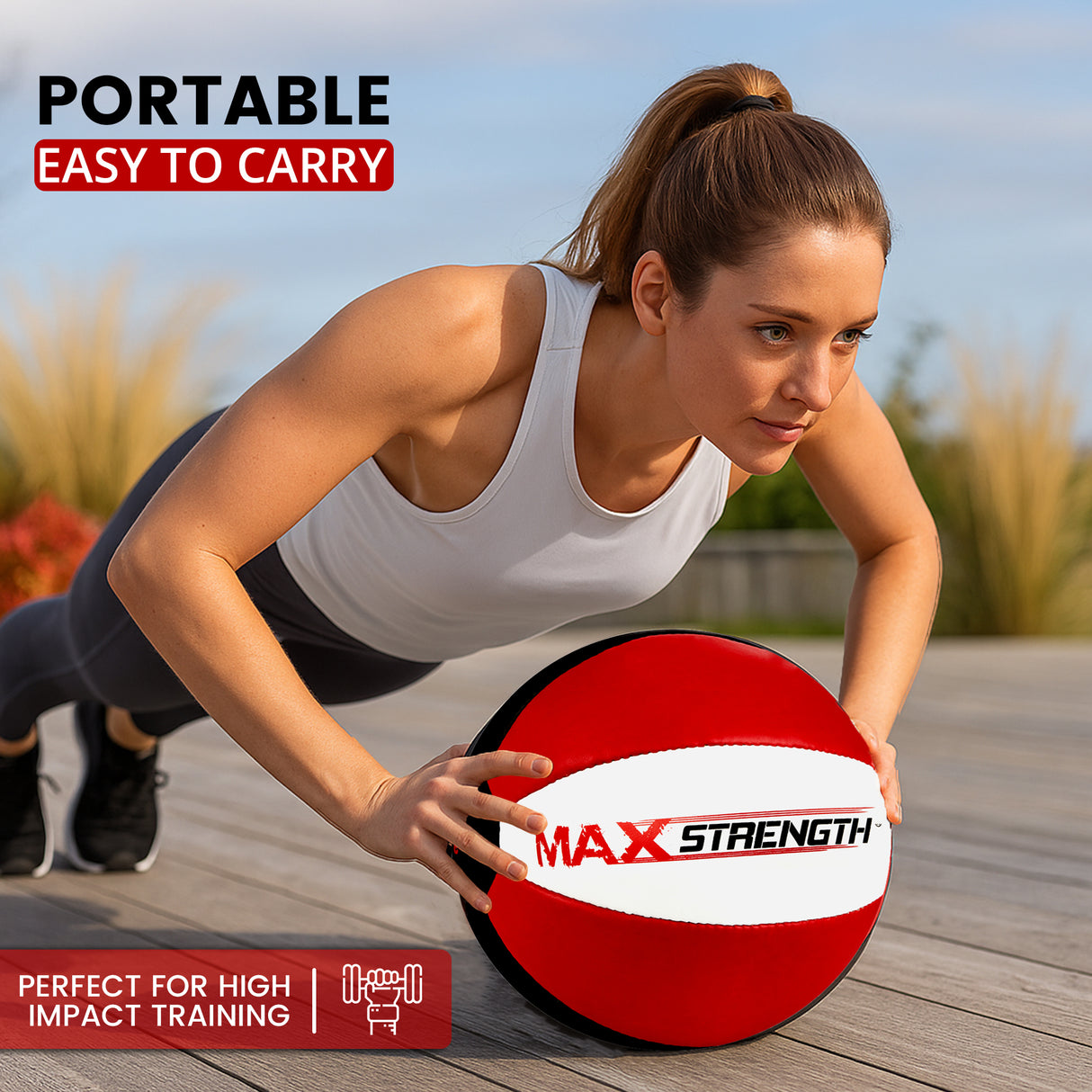 MAXSTRENGTH Leather Medicine Ball for Fitness Training | Weighted Exercise Ball for Core Strength, Balance & Conditioning | Durable Gym Medicine Ball 8kg 10kg 12kg 15kg Red/White