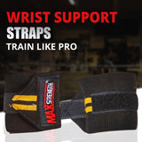 Black wrist support straps with yellow accents and 'Max Strength' branding on a dark background.